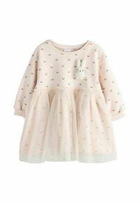 Rosa Sweatshirtkleid mit Tüllrock, ausgestattet mit floralen Motiven und einem flauschigen Hasen-Applikation auf der Brust. Weicher Stoff und runder Ausschnitt.