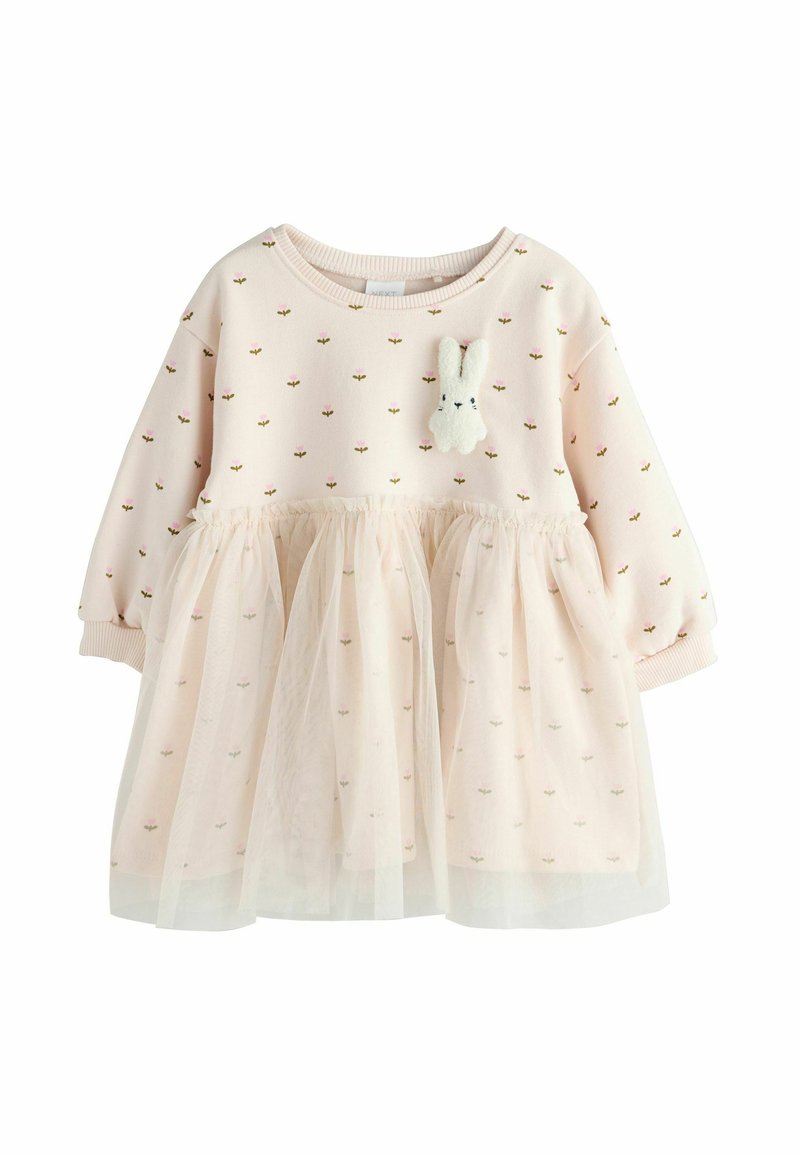 Rosa Sweatshirtkleid mit Tüllrock, ausgestattet mit floralen Motiven und einem flauschigen Hasen-Applikation auf der Brust. Weicher Stoff und runder Ausschnitt.