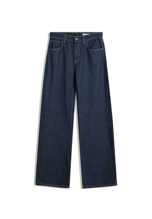 Wide-leg dark denim jeans with five pockets, visible stitching, and a button closure. Features a straight fit and light distressing.