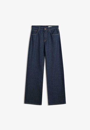 Wide-leg dark denim jeans with five pockets, visible stitching, and a button closure. Features a straight fit and light distressing.