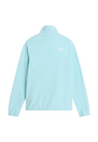 Pull polaire bleu clair à manches longues avec col montant et petit logo blanc sur la partie haute de la poitrine, vu de dos.