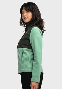Fleecejacke mit einem mintgrünen unteren Teil und einem dunkelgrünen oberen Panel. Verfügt über Reißverschlusstaschen und einen hohen Kragen mit glatter Textur.