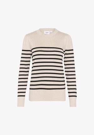 Maglione beige con strisce orizzontali nere, scollatura rotonda, maniche lunghe, orlo e polsini a coste, realizzato in morbido materiale lavorato a maglia.
