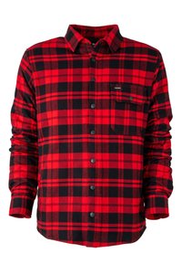 Camisa de franela a cuadros en rojo y negro con cierre de botones, mangas largas y un bolsillo en el pecho. Textura suave y detalle de patrón cuadrado.
