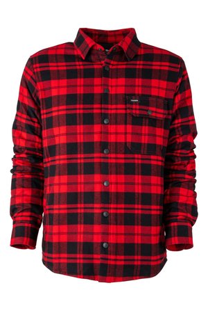 Camisa de franela a cuadros en rojo y negro con cierre de botones, mangas largas y un bolsillo en el pecho. Textura suave y detalle de patrón cuadrado.
