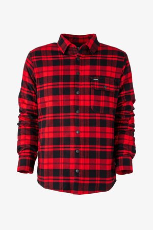 Camisa de franela a cuadros en rojo y negro con cierre de botones, mangas largas y un bolsillo en el pecho. Textura suave y detalle de patrón cuadrado.