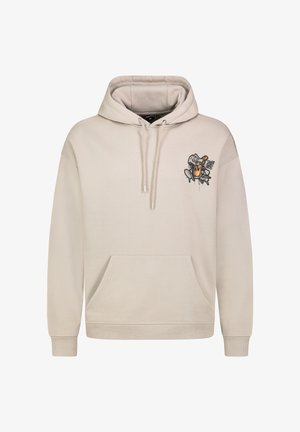 Beige Kapuzenpullover mit einer Fronttasche, verstellbarem Kordelzug an der Kapuze und einem grafischen Design auf der linken Brustseite. Weicher Stoff mit gerippten Bündchen.