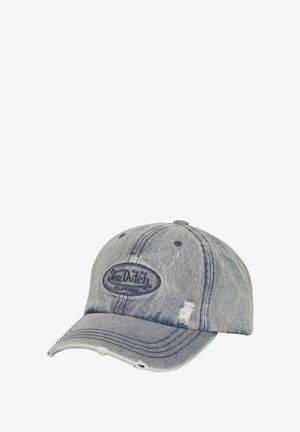 Faded blue denim baseball cap with distressing and oval "Von Dutch" logo patch embroidered on the front.