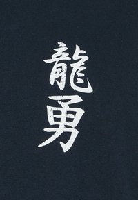Caractères chinois blancs signifiant « dragon » et « bravoure » imprimés sur un fond de tissu foncé.