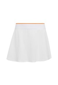 Biela sukňa typu skater so štruktúrovanou látkou, zdobená zakriveným lemom a pásom s oranžovým akcentom. Rovný strih, neformálny dizajn.
