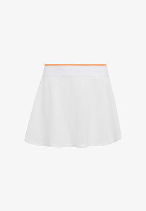 Bílá kolová sukně s texturovanou látkou, zaobleným lemem a oranžově zdobeným pasem. Rovný střih, ležérní design.