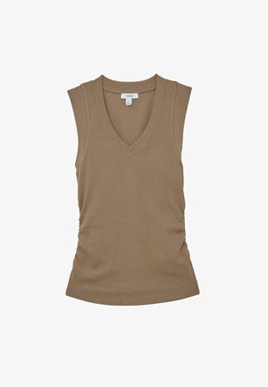 Tan ærmeløs top med V-hals design, der har ribbet tekstur og rynket detalje i siden. Fremstillet af blødt, strækbart stof.