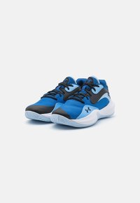 Blue and black athletic shoes with a mesh upper, textured overlays, white rubber sole, and central lacing system. Features logo on side.