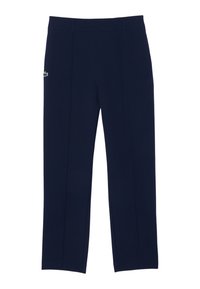 Navyblauwe broek van gladde stof, met een stijlvolle uitstraling en voorwaartse plooien, plus een klein logo op de linkse heup.