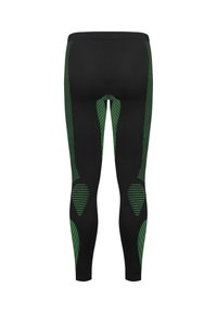 Black athletic leggings featuring green patterned accents and mesh detailing along the sides and knee areas for enhanced breathability.