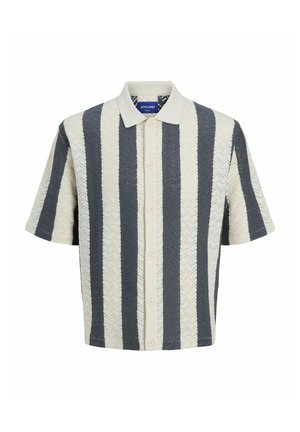 Short-sleeve shirt featuring vertical stripes in dark gray and cream, textured fabric with a zigzag pattern, and a button-up front.