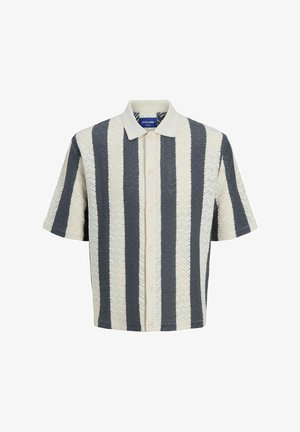 Short-sleeve shirt featuring vertical stripes in dark gray and cream, textured fabric with a zigzag pattern, and a button-up front.