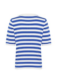 Gestreepte top met korte mouwen, met blauwe en witte horizontale strepen. Gemaakt van een zachte, gebreide stof met een ronde hals en een relaxte pasvorm.
