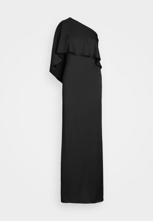 Robe longue noire à une épaule avec un drapé couvrant l'épaule et le bras droits, silhouette droite et design minimaliste.
