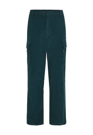 Mørk teal cargo bukser med en struktureret overflade, der har to sidelommer, en knaplukning og en lige benpasform.