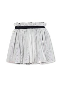 Jupe en maille argentée froncée avec une taille élastique noire, présentant des plis verticaux et des sequins colorés au bas.