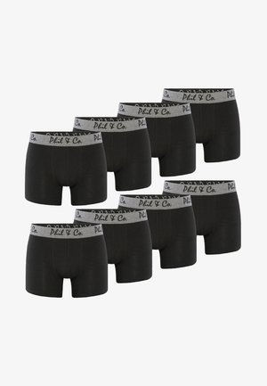 Sort boxershorts med en grå elastisk talje, hvor mærket "Phil & Co." går i gentagelse. Glat stof med en tætsiddende pasform.