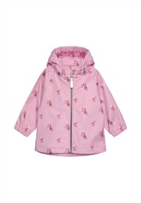 Giacca impermeabile rosa con cappuccio, con motivi floreali in rosa e marrone. Chiusura a zip e polsini elasticizzati per una vestibilità aderente.