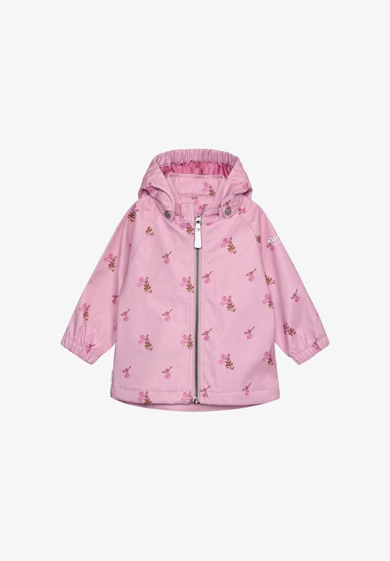 Giacca impermeabile rosa con cappuccio, con motivi floreali in rosa e marrone. Chiusura a zip e polsini elasticizzati per una vestibilità aderente.