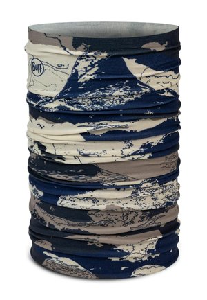Multifunctional tubular neck gaiter in blue, beige, and black abstract pattern with Buff logo on the side.