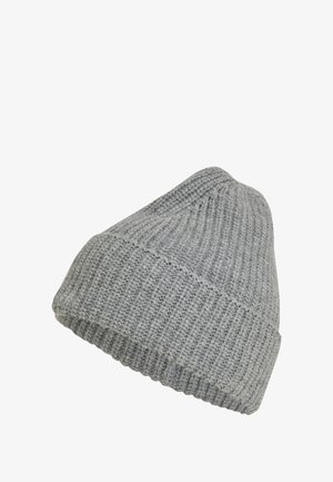 Cappello berretto lavorato a maglia grigio con texture a coste, caratterizzato da una parte superiore rastremata e un bordo piegato in basso per maggiore calore e vestibilità.