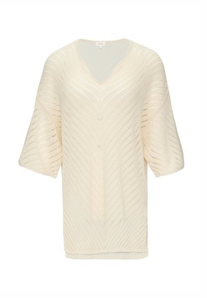 Lockere cremefarbene Sweatshirt mit V-Ausschnitt, kurzen Ärmeln und einem strukturierten, gestreiften Design mit offenen Webmustern.