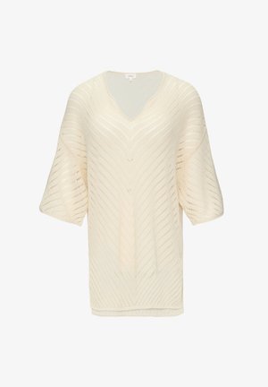 Lockere cremefarbene Sweatshirt mit V-Ausschnitt, kurzen Ärmeln und einem strukturierten, gestreiften Design mit offenen Webmustern.