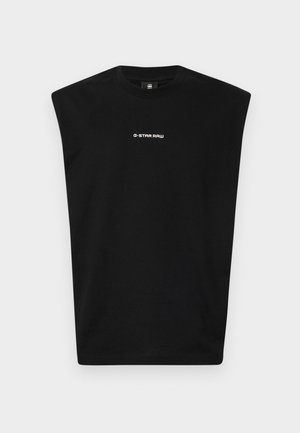Svart ermeløs t-skjorte laget av bomull, med rund hals og hvit "G-STAR RAW" logo på fronten. Glatt tekstur, avslappet passform.