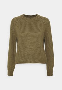 Oliwkowo-zielony sweter z dzianiny z długimi rękawami, okrągłym dekoltem i prążkowaną fakturą. Charakteryzuje się luźnym krojem i subtelnymi rękawami raglan.
