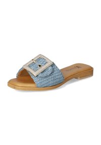 Blue woven slide sandal featuring a wide strap, a decorative silver buckle with rhinestones, and a flat beige sole.
