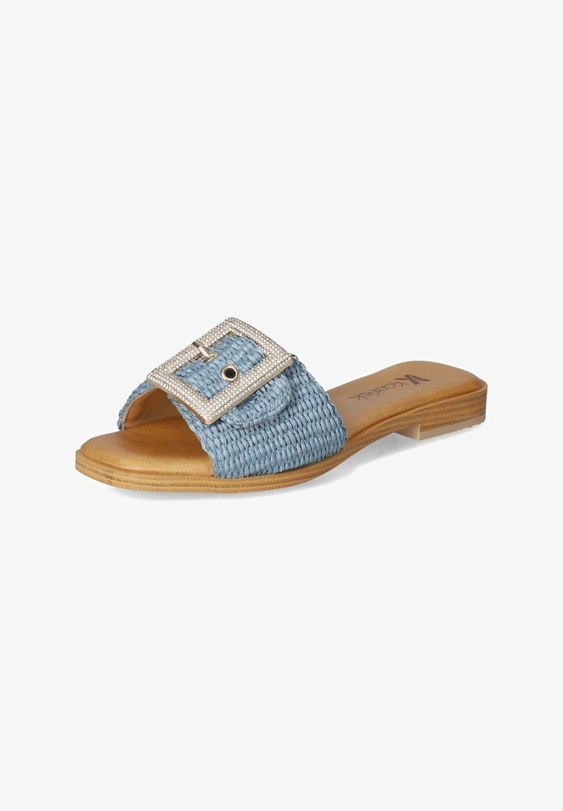 Blue woven slide sandal featuring a wide strap, a decorative silver buckle with rhinestones, and a flat beige sole.