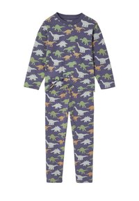 Pyjamaset mit Dinosaurier-Muster in Lila. Langärmliges Oberteil und passende Hose mit verschiedenen Dinosaurierillustrationen in Grün, Grau und Orange.