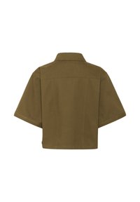 Abgeschnittene, kurzärmlige Jacke in Olivgrün, mit klassischem Kragen und einem strukturierten Stoff mit dezenten Nähdetails.