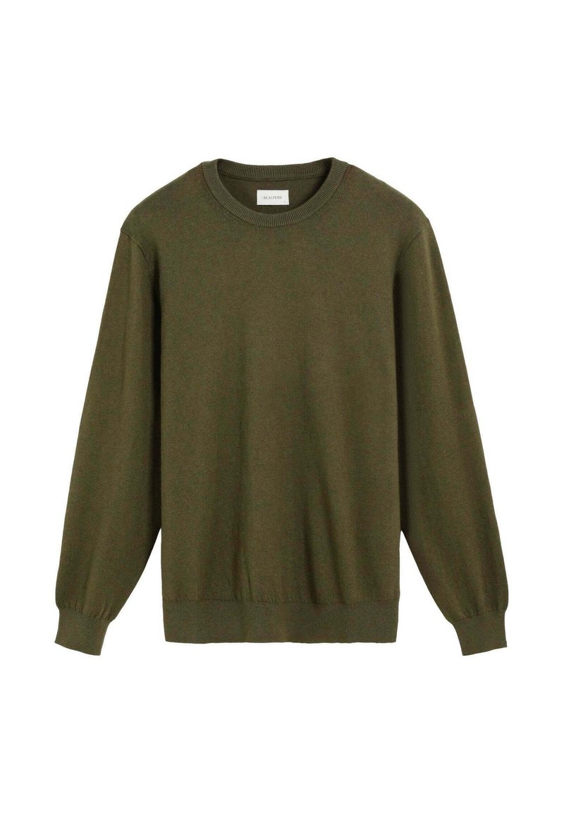 Suéter verde oliva hecho de un suave tejido de punto, con cuello redondo, mangas largas y puños y dobladillo acanalados para un ajuste más ceñido.
