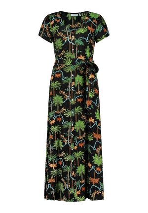 Schwarzes Maxikleid mit grünem und orangefarbenem Palmenmuster, kurzen Ärmeln, Knopfleiste und gebundenem Taillengürtel. Glattes Material, tropisches Design.