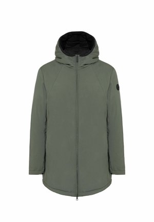Gewatteerde groene parka-jack met een zwarte capuchon, volledige reversluiting en zijzakken. Heeft een gladde buitenkant en een iets verlengde snit.