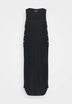 Vestido maxi negro sin mangas con escote redondo y seis botones laterales, con dos bolsillos delanteros y un corte holgado.