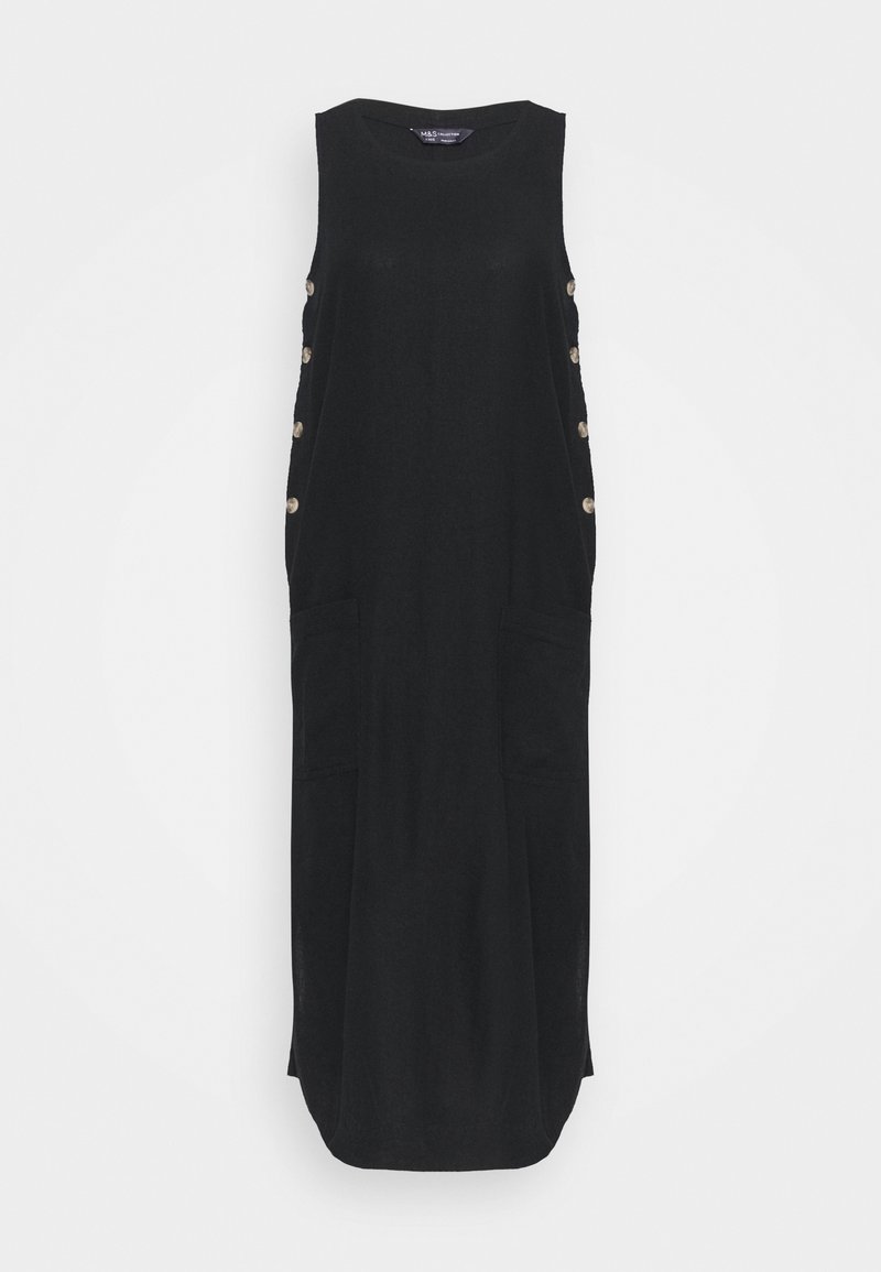 Robe maxi noire sans manches avec col rond et six boutons sur le côté, dotée de deux poches avant et d'une coupe décontractée.