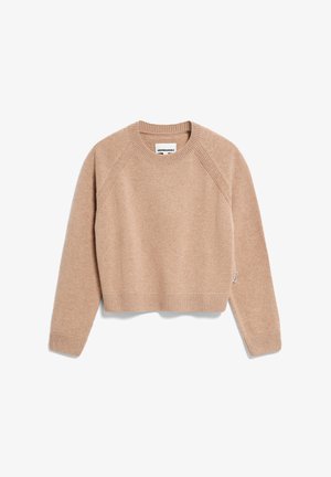 Pull court beige en tissu doux. Présente des manches raglan, un col et des poignets côtelés, et une texture subtile. Idéal pour le superposition.