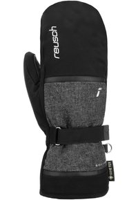 Schwarze und graue isolierte Fäustlinge mit einem strukturierten Mittelteil, verstellbarem Riemen und GORE-TEX-Tag für Wasserdichtigkeit. Logo angebracht.