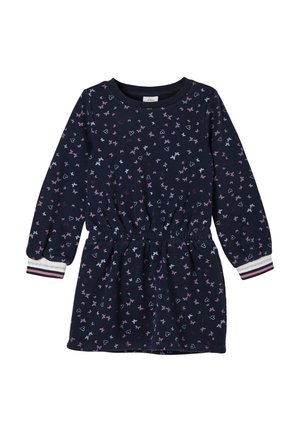 Vestido de manga larga azul marino con cintura elástica, decorado con pequeñas mariposas y corazones de color púrpura, rosa y azul claro, puños a rayas.