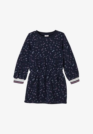 Robe à manches longues bleu marine avec taille élastique, décorée de petits papillons et cœurs violets, roses et bleu clair, avec des poignets rayés.