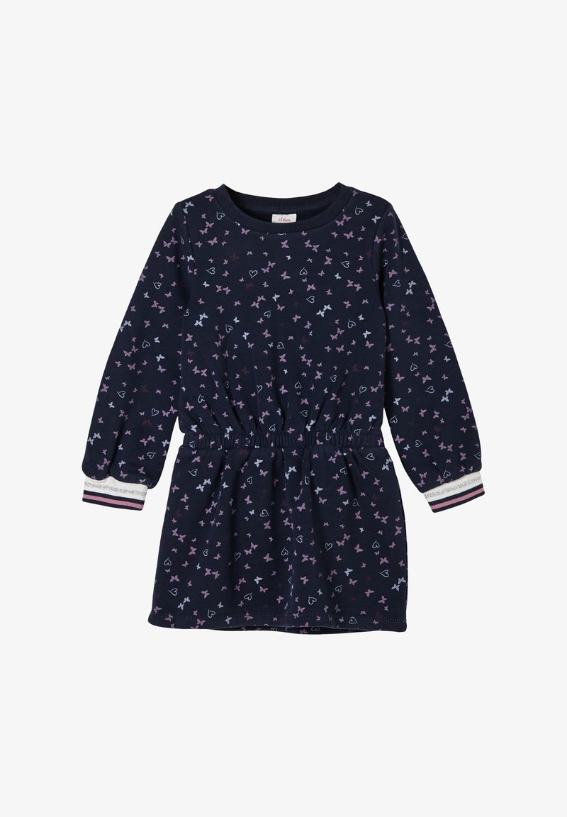 Robe à manches longues bleu marine avec taille élastique, décorée de petits papillons et cœurs violets, roses et bleu clair, avec des poignets rayés.