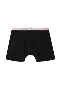 Svarta boxer kalsonger med en åtsittande passform, med en vit linning som accentueras av röda ränder och en central logopatch. Mjuk tygtextur.