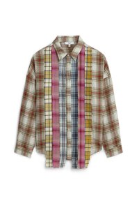 Karierte Button-up-Hemd in mehreren Farben mit einer Mischung aus rot, gelb, blau und weißen Mustern, mit einer lockeren Passform und langen Ärmeln.
